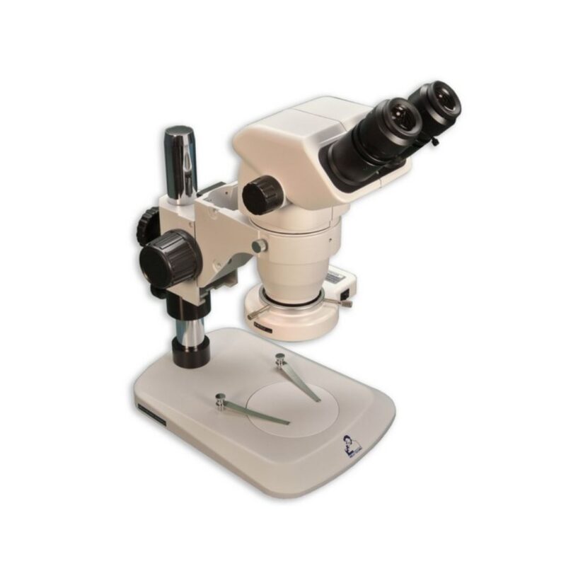 Meiji Techno EM-50L Binocular Stereo Entry-Level Industrial and Educational Microscope with 6.7X – 45X Zoom Range Magnification on a pole stand with 58 bulb array LED Ring Light (MA962) and Ring Light adapter