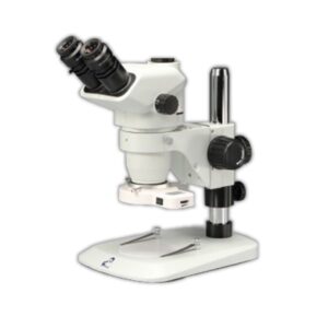 Meiji Techno EM-51L Trinocular Stereo Entry-Level Industrial and Educational Microscope with 6.7X – 45X Zoom Range Magnification on a pole stand