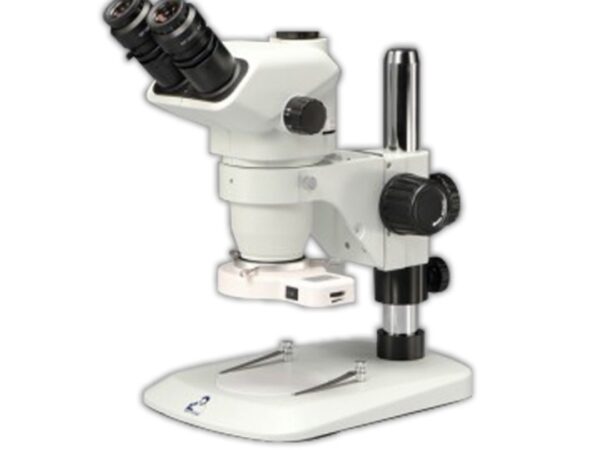 Meiji Techno EM-51L Trinocular Stereo Entry-Level Industrial and Educational Microscope with 6.7X – 45X Zoom Range Magnification on a pole stand