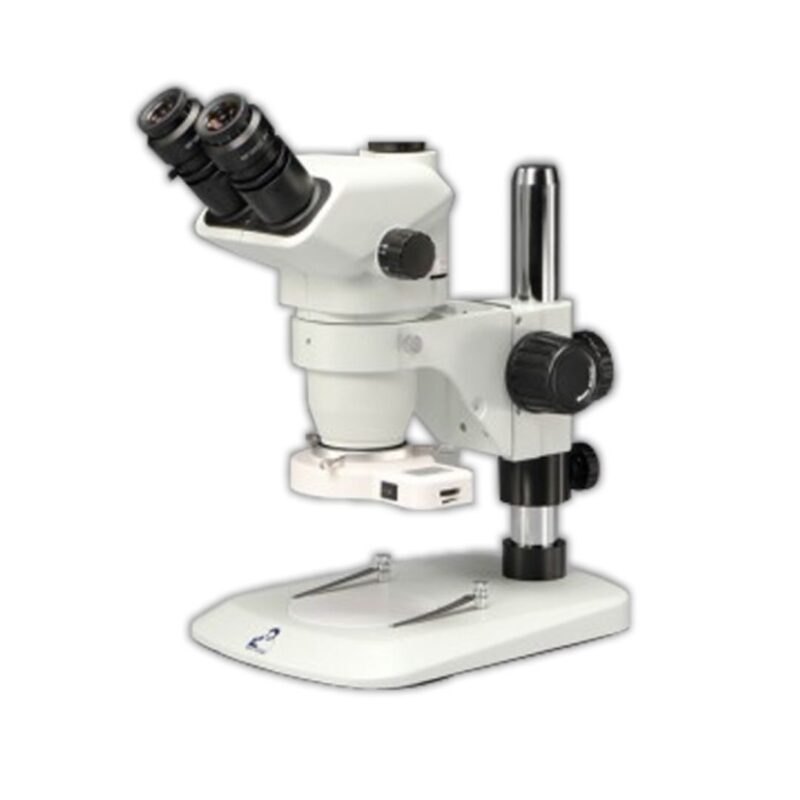 Meiji Techno EM-51L Trinocular Stereo Entry-Level Industrial and Educational Microscope with 6.7X – 45X Zoom Range Magnification on a pole stand