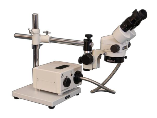 Meiji Techno SMT-5 Binocular Zoom 7X – 90X Stereo Microscope package with Incident Annular Ring Fiber Optic ring Light on a Boom Stand with 150mm Working Distance