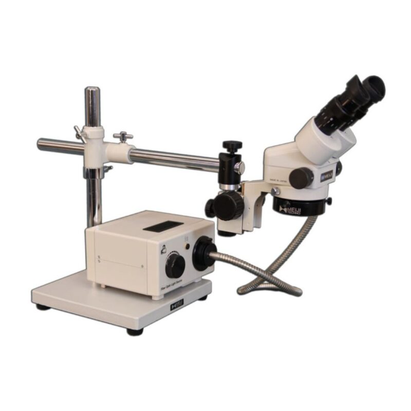 Meiji Techno SMT-5 Binocular Zoom 7X – 90X Stereo Microscope package with Incident Annular Ring Fiber Optic ring Light on a Boom Stand with 150mm Working Distance