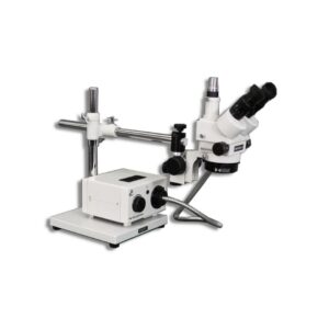 Meiji Techno SMT-5TR Trinocular Zoom 7X – 90X Stereo Microscope package with Incident Annular Ring Fiber Optic ring Light on a Boom Stand with 150mm Working Distance