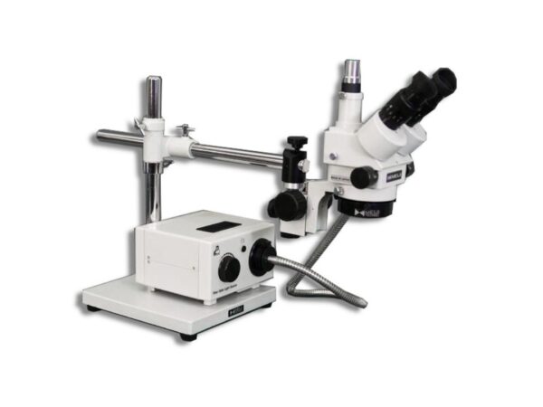 Meiji Techno SMT-5TR Trinocular Zoom 7X – 90X Stereo Microscope package with Incident Annular Ring Fiber Optic ring Light on a Boom Stand with 150mm Working Distance