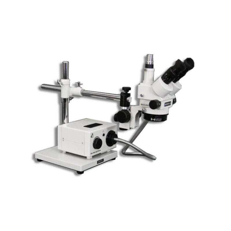 Meiji Techno SMT-5TR Trinocular Zoom 7X – 90X Stereo Microscope package with Incident Annular Ring Fiber Optic ring Light on a Boom Stand with 150mm Working Distance